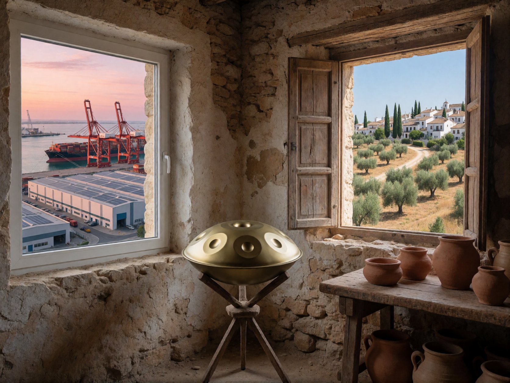 Taller con dos ventanas: un puerto industrial a la izquierda y un pueblo mediterráneo a la derecha, con un handpan Prana en el centro