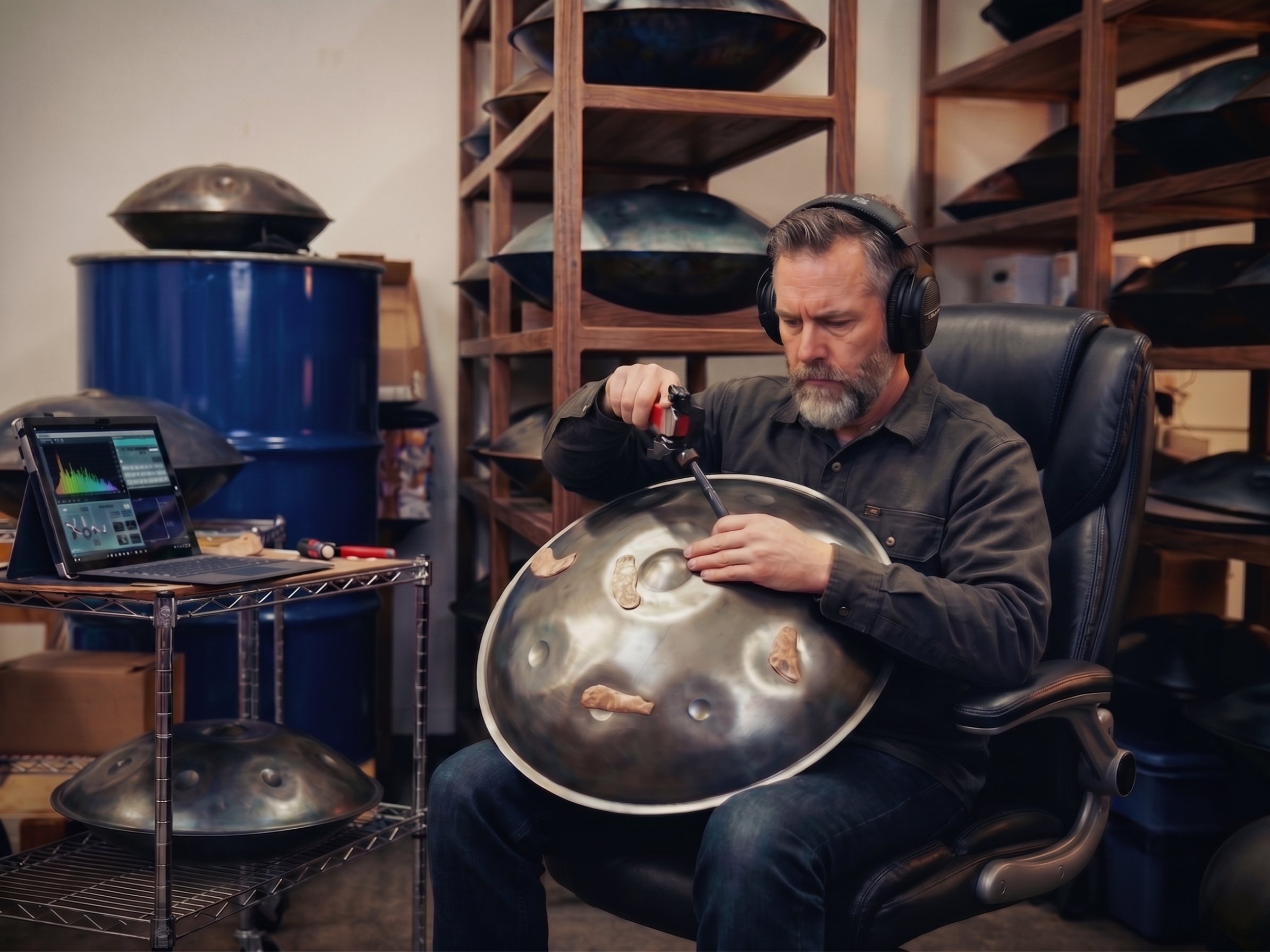 Afinador de Prana ajustando un handpan en el taller